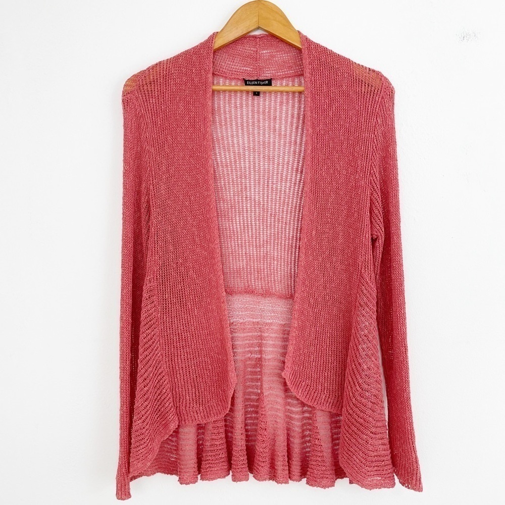 Eileen Fisher Coral Loose Knit Linen Blend Peplum Cardigan Sweater Size Small